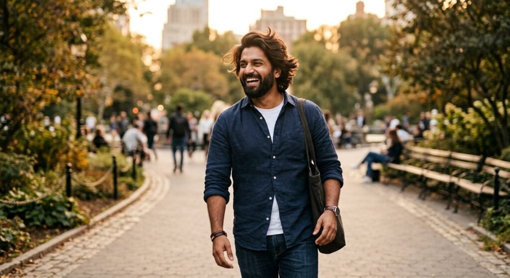 Confident man with thick natural-looking styled dark brown hair outdoors