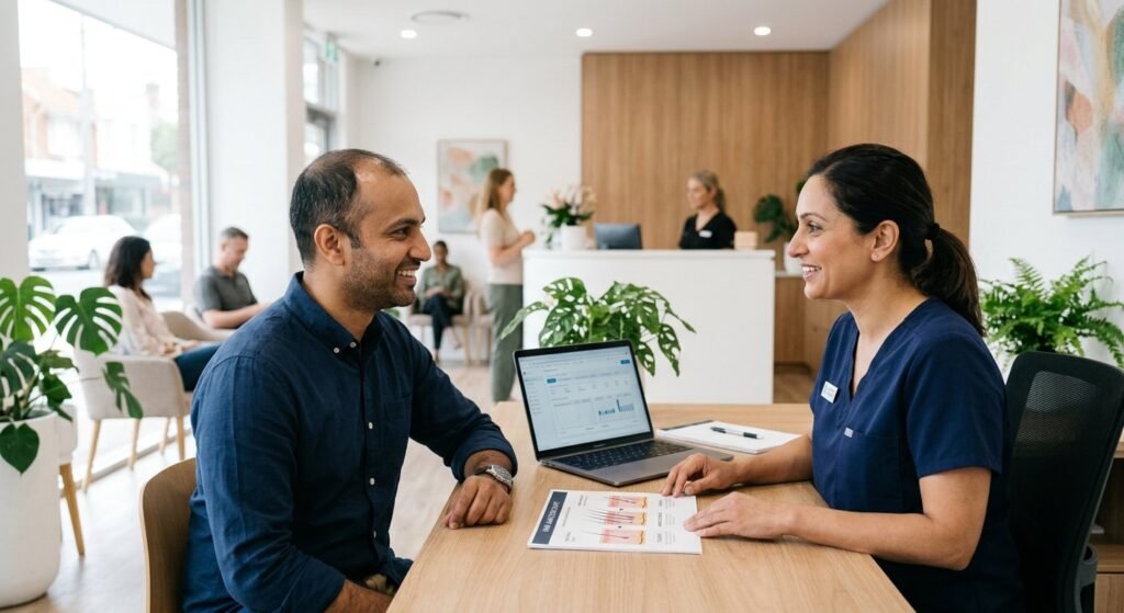 Man discussing hair restoration options with a clinician in a modern clinic