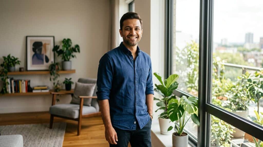 Confident Indian man wearing a natural-looking human hair patch photographed in daylight
