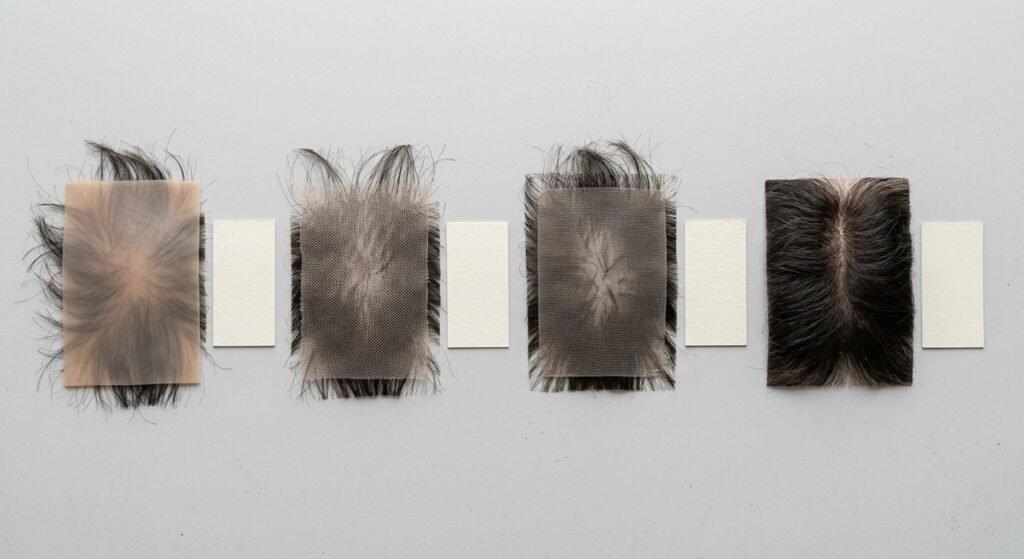 Four hair patch base swatches — skin, lace, monofilament and silk — laid out side by side
