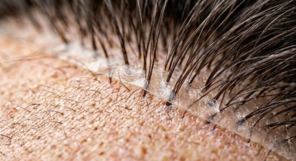 Close-up of an ultra-thin translucent skin hair patch base blending into the scalp
