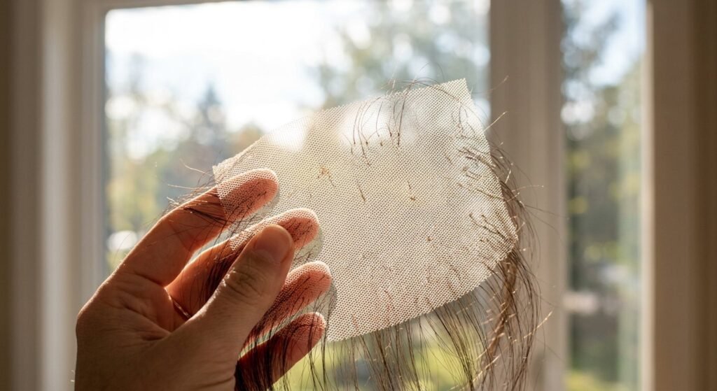 Lace hair patch base held up to the light showing breathable mesh construction