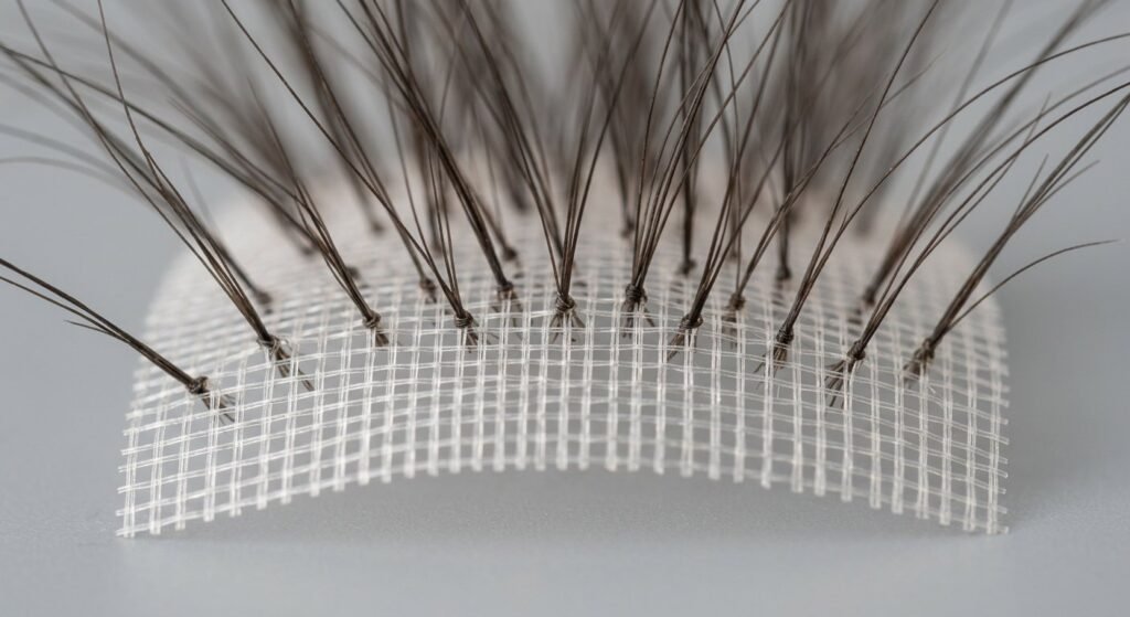Macro view of a monofilament hair patch base showing the woven mesh and hand-tied hair