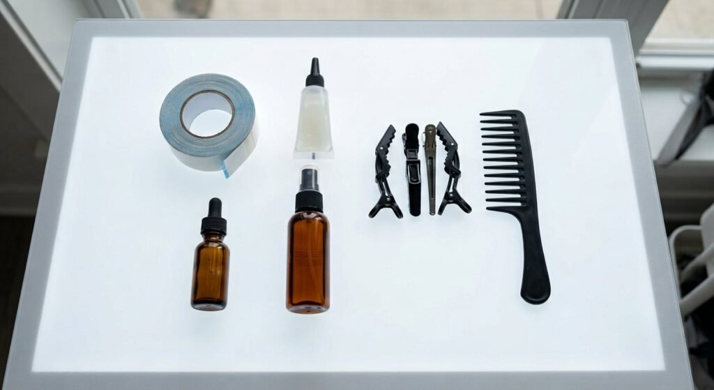 Flat lay of hair patch maintenance accessories including tape, glue, solvent and scalp serum
