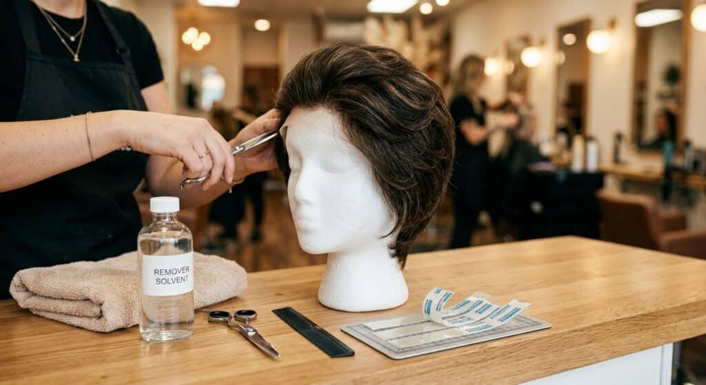 Hair patch servicing session on a salon table with tape strips, remover and a comb